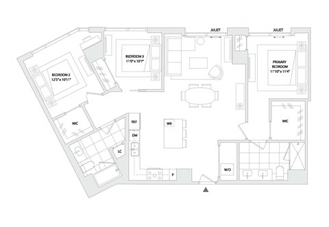Floor plan for 3 beds, 2 baths, 1396 sqft